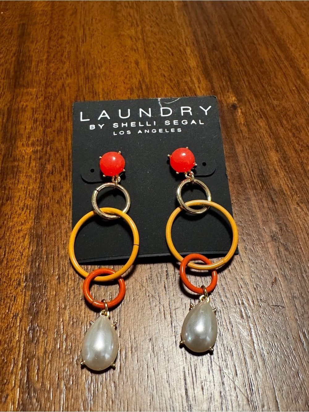 Laundry By Shelli Segal Red, Yellow, Orange Drop Earrings with Pearl Teardrops